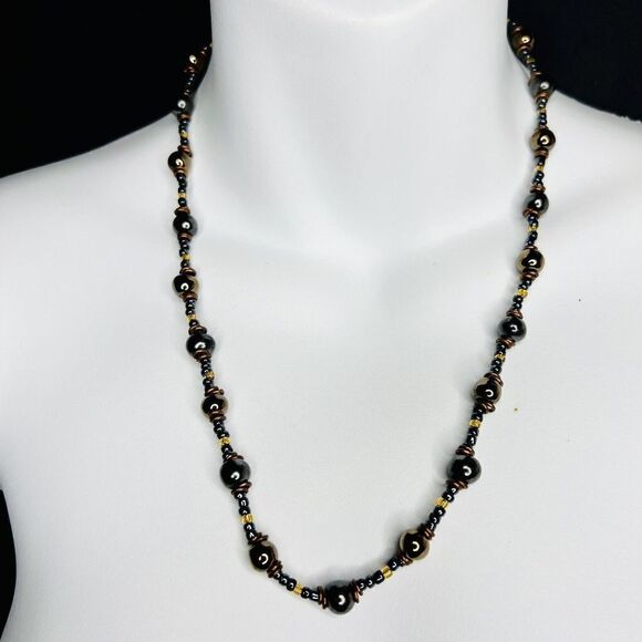 STUNNING Vintage Faux Pearl Black Brown Yellow Tone Beaded Beads Necklace 4021 - Picture 4 of 11